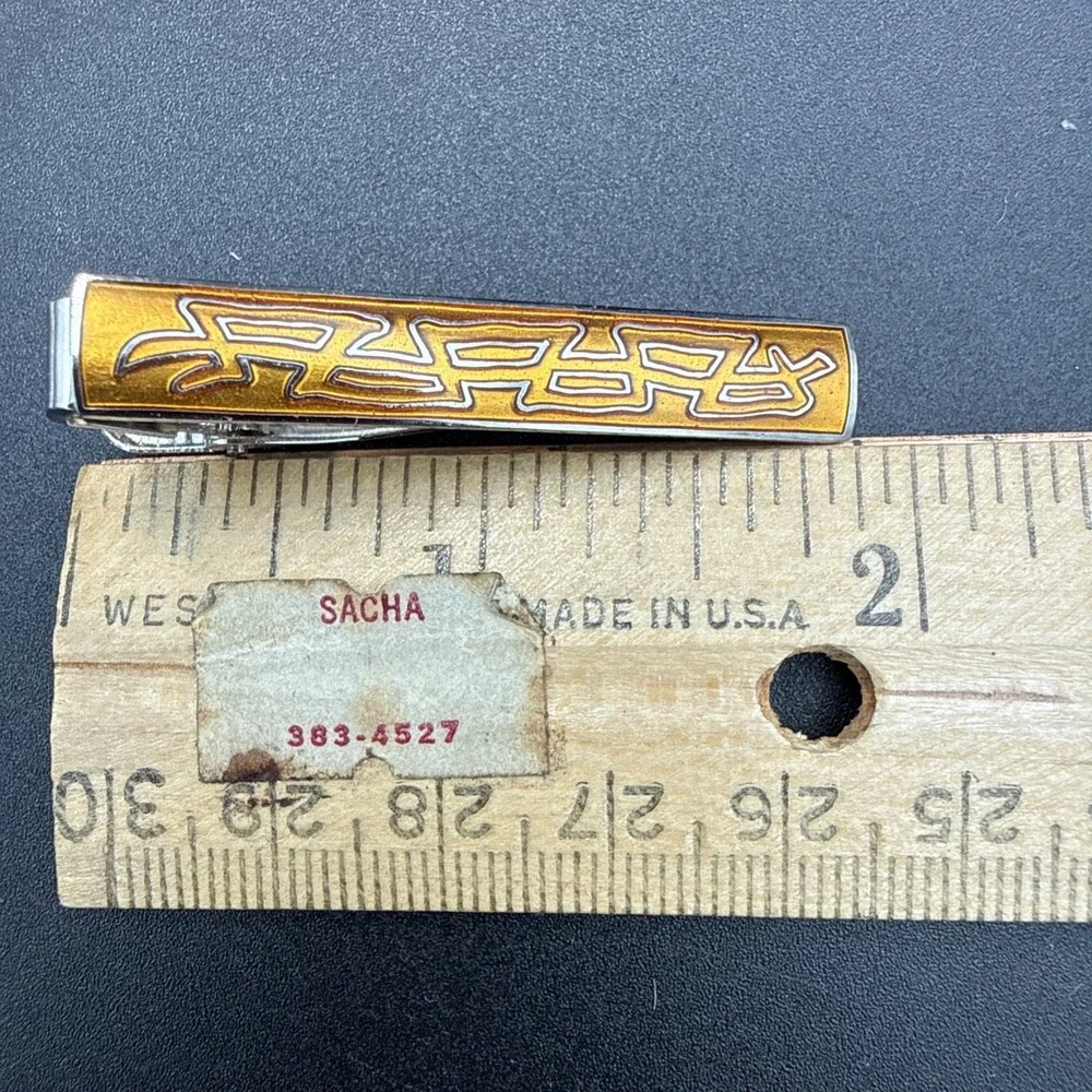 Vintage Tie Bar Orange Enamel Inlay Silver Tone Unmarked